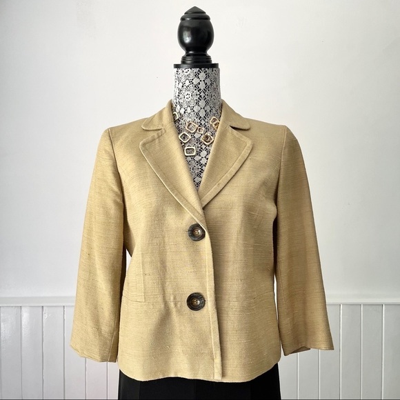 Jones New York Vintage Mustard Yellow Slub Silk 3/4 Sleeve Cropped Blazer Size 8 - Picture 1 of 16